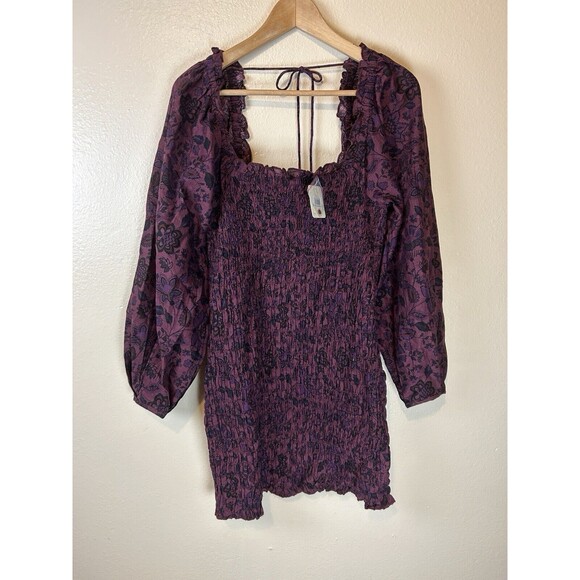 Free People M Smock It To Me Mini Dress Smocked Floral Bodycon Balloon Sleeve - Picture 3 of 7
